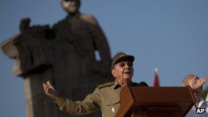 President Raul Castro addressing the crowd at the Revolution Day ceremony on 26 July