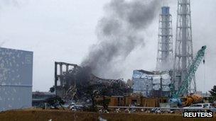 Smoke is seen coming from the area of the No. 3 reactor of the Fukushima Daiichi nuclear power plant