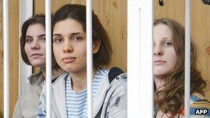 Pussy Riot, pictured at a court hearing in July