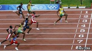 Usain Bolt winning the 100m men's final in 2008
