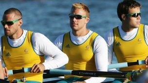 Joshua Booth (centre), flanked by Matthew Ryan (l) and Thomas Swann at Eton Dorney