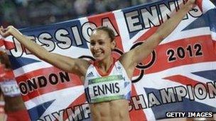 Britain's Jessica Ennis celebrates after winning the women's heptathlon