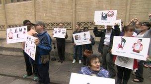 Campaigners against the abuse of people with learning disabilities outside Bristol Crown Court