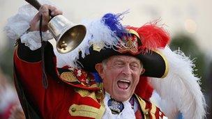 Town crier outside the Olympic Stadium before an Opening Ceremony rehearsal