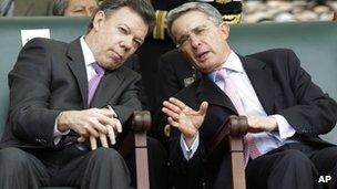 Juan Manuel Santos (left) and Alvaro Uribe (right) in file photo from 2010