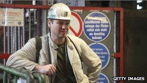 A coal miner is seen at the Bergwerk Saar coal mine on the last day of the mine's operation on 29 June, 2012 in Ensdorf, Germany.