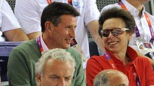 Lord Coe talks to Princess Anne while watching the track cycling