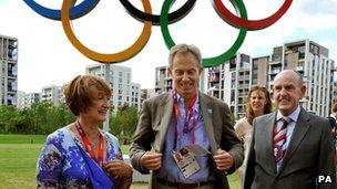 Tessa Jowell, left, with Tony Blair and the mayor of the Olympics village, Sir Charles Allen