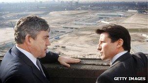 Gordon Brown and Lord Coe look out in 2006 over what has become the Olympic Park