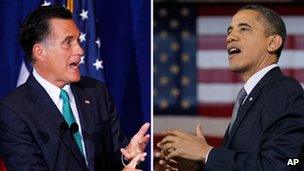 Combination picture of Mitt Romney and Barack Obama