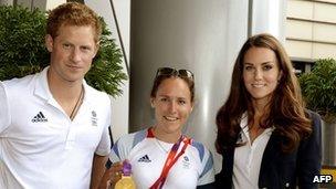 Prince Harry and the Duchess of Cambridge with gold medal-winning rower Sophie Hosking