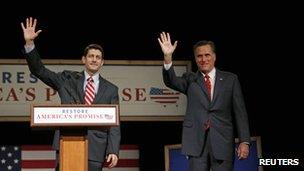 Paul Ryan introduces US Republican presidential candidate Mitt Romney as he addresses supporters at Lawrence University on 30 March