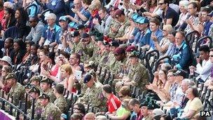 Soldiers in the crowd at the Olympic Stadium