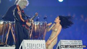 British guitarist Brian May and Jesse J perform inside the Olympic stadium during the closing ceremony of the 2012 London Olympic Games