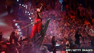 British singer Annie Lennox performs at the Olympic stadium during the closing ceremony of the 2012 London Olympic Games