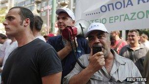 Shipyard workers take part in a protest rally outside Greece's Finance Ministry in Athens