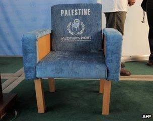 A mocked-up chair at the UN in New York saying: "Palestine's right: full membership of the United Nations".