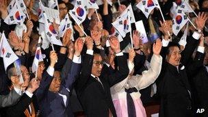 South Korean President Lee Myung-bak during a ceremony marking the anniversary of the end of Japan's colonial rule over Korea from 1910-45, in Seoul, South Korea, on 15 August, 2012