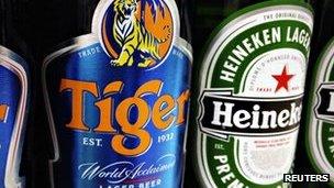 Tiger and Heineken beer bottles