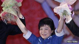 Park Geun-hye celebrates at a national convention of the ruling Saenuri Party in Goyang, north of Seoul August 20, 2012.