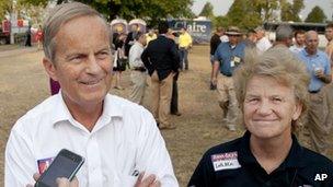 Todd Akin and his wife Lulli, talk with reporters while attending the Missouri State Fair in Sedalia 16 August 2012