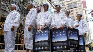 Participants take part in a protest against Foxconn in Hong Kong on May 7, 2011.