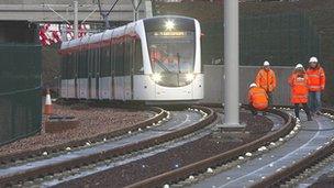 Tram on the test track at Gogar depot