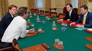 Danny Alexander, David Cameron, George Osborne and Nick Clegg