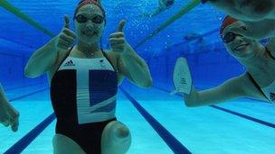 Great Britain's Charlotte Henshaw and team mates during a training session at the Aquatics Centre