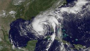 A satellite image of Tropical Storm Isaac