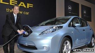 A Nissan executive with a battery cord posing next to the company's electric vehicle 'Leaf'