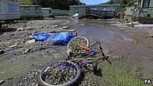 Flooding damage at a caravan site in Ceredigion