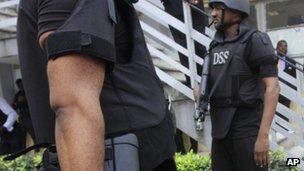 Nigeria secret service officers stand guards during a court hearing in Lagos, file picture