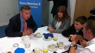 Michael Gove with Perry Beeches II parents and pupil