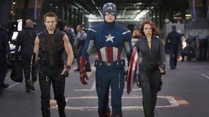 Hawkeye (Jeremy Renner), Captain America (Chris Evans) and Black Widow (Scarlett Johansson) in The Avengers