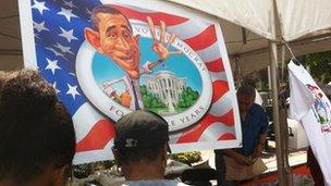 A poster of Barack Obama at the Carolina fest event, ahead of the National Democratic Convention