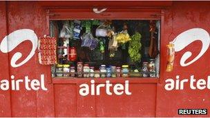 Grocery shop, painted with Bharti Airtel advertising