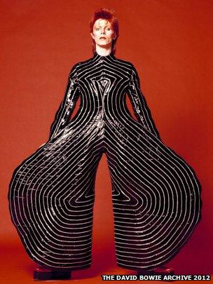 David Bowie in Aladdin Sane bodysuit. Photo by Masayoshi Sukita