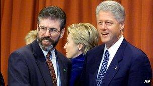 Sinn Fein President Gerry Adams and former US President Bill Clinton shake hands in Dublin, Ireland in 2000