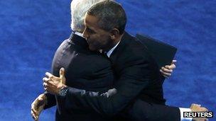 President Obama embraces former President Bill Clinton in Charlotte (6 Sept 2012)