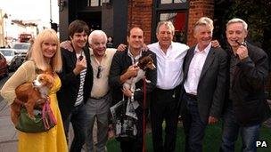 Carol Cleveland, Ben Timlett, Barry Cryer, Bill Jones, Terry Jones, Michael Palin and Jeff Simpson