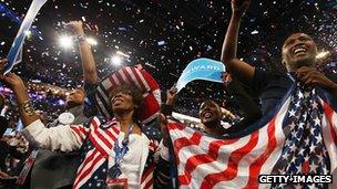 People cheer after President Barack Obama accepted the nomination for president during the final day of the Democratic National Convention at Time Warner Cable Arena on September 6, 2012 in Charlotte, North Carolina