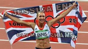 Jessica Ennis celebrates winning heptathlon