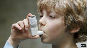 Child using asthma inhaler