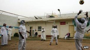 Saudi former al-Qaeda Islamists play volleyball at a rehabilitation center for militants in Riyadh on April 15, 2009