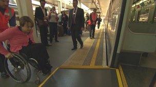 Baroness Tanni Grey-Thompson using one of the ramps