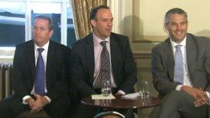 Liam Fox, Dominic Raab and Steve Barclay at the launch of Conservative Voice