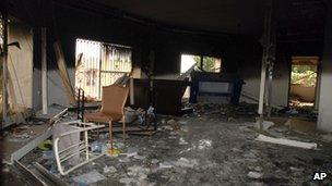 Glass, debris and overturned furniture are strewn inside a room in the gutted US consulate in Benghazi, Libya