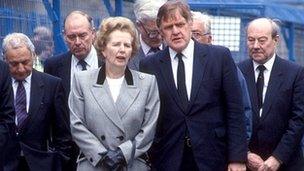 Mrs Thatcher visits the site of the Hillsborough disaster on the day after the tragedy in 1989