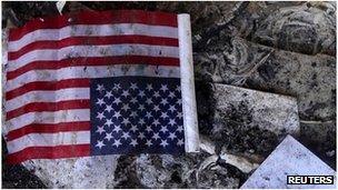 US flag among the rubble at the US consulate in Benghazi, Libya